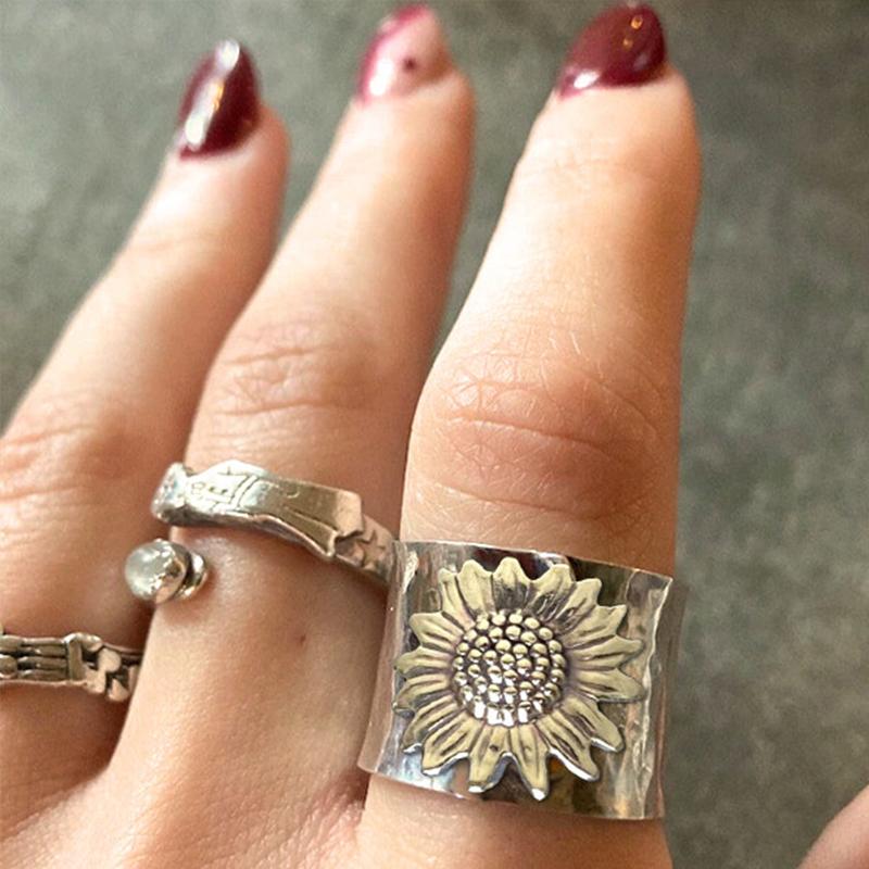 Sunflower Wide Band Silver Ring