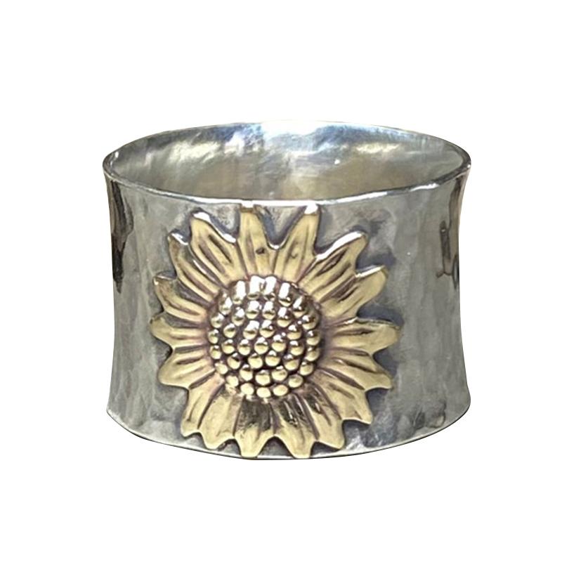 Sunflower Wide Band Silver Ring