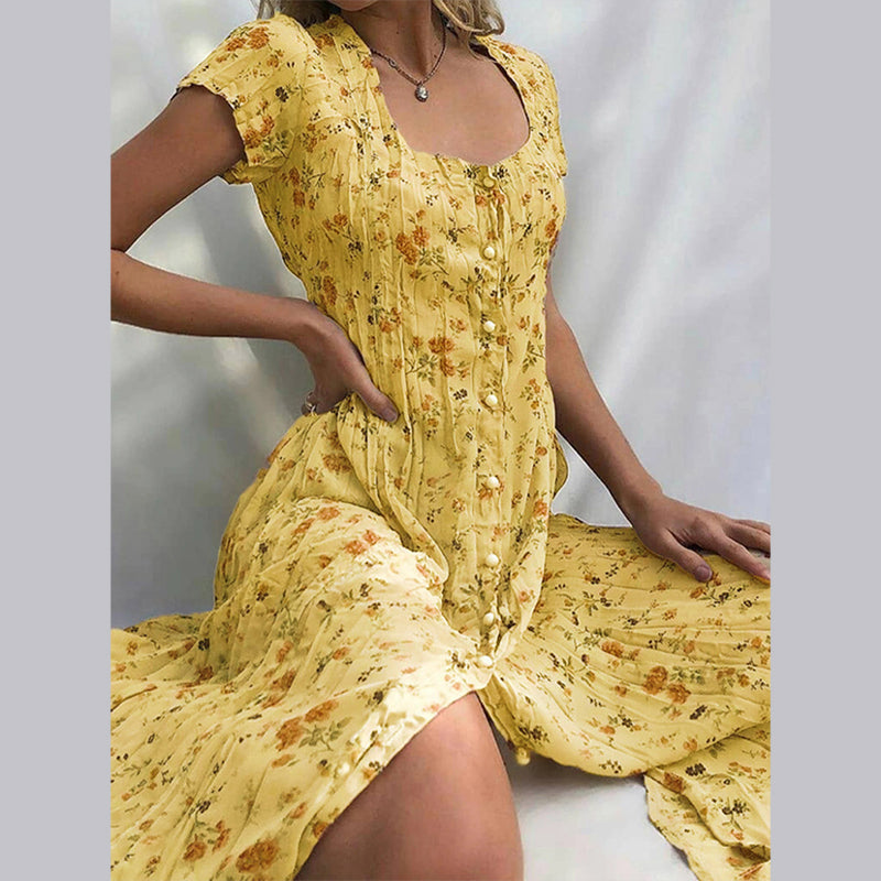 Single-breasted Floral Short-sleeved Dress